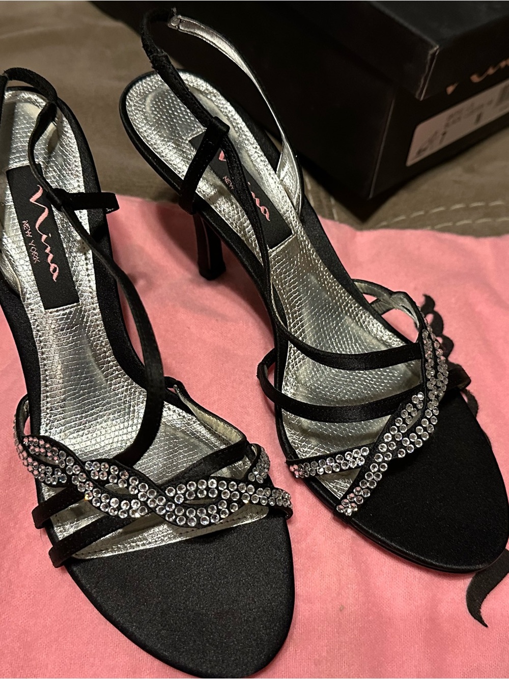 Nina Black Crystal Strappy Slingback Heels